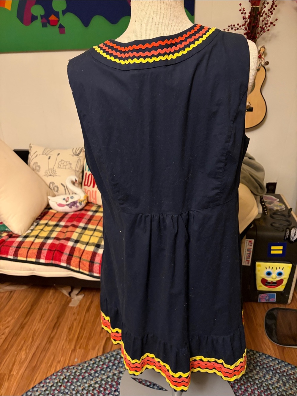 Boden Navy Sleeveless V-Neck Mini Dress with Red, Yellow & Orange Rickrack - Picture 3 of 6
